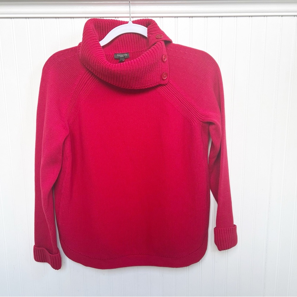 Talbots Petites True Red Textured Split Button Ne… - image 1